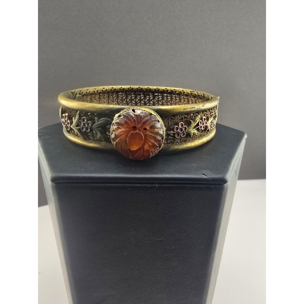 Vintage Victorian Estate Bangle Gold Tone Filigree Floral Enamel Carved 7in